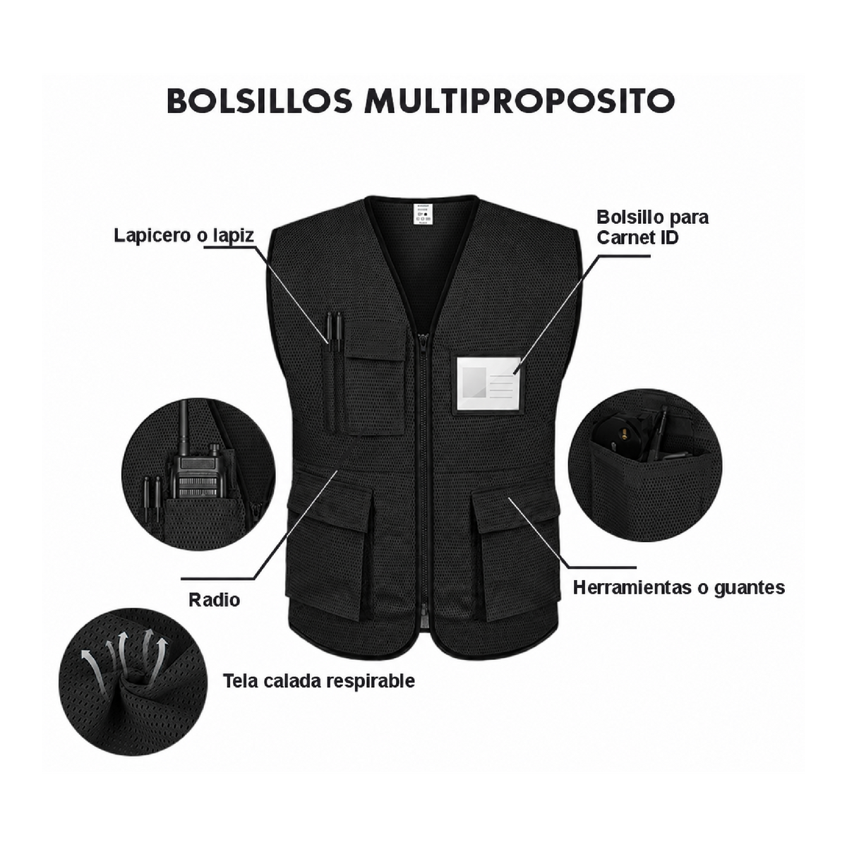 Chaleco de Seguridad Multipropósito en Tela Calada con Bolsillos
