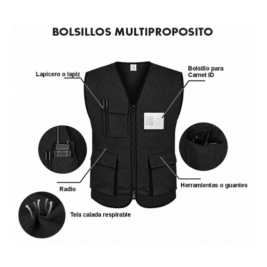 Chaleco de Seguridad Multiproposito en Tela Calada con Bolsillos
